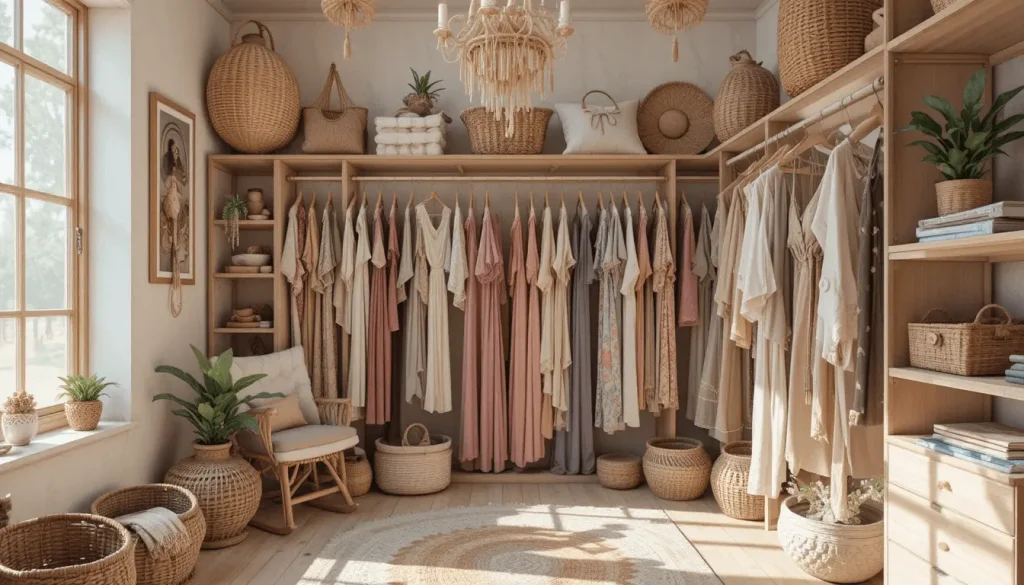 Boho chic closet with rattan baskets
