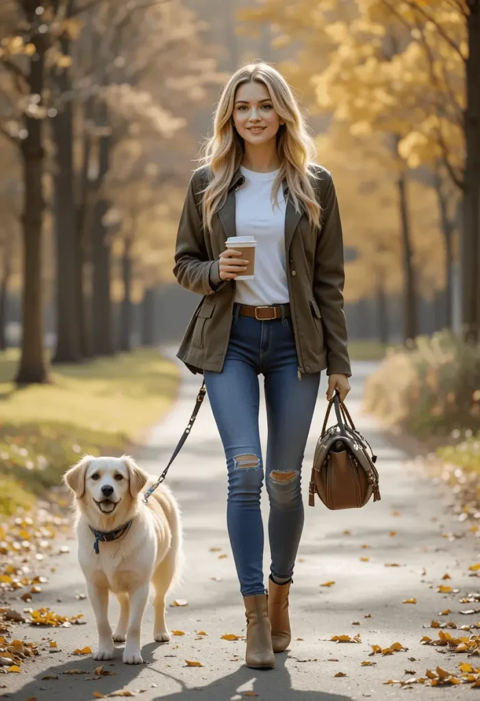 Woman in olive jacket, jeans, and suede boots