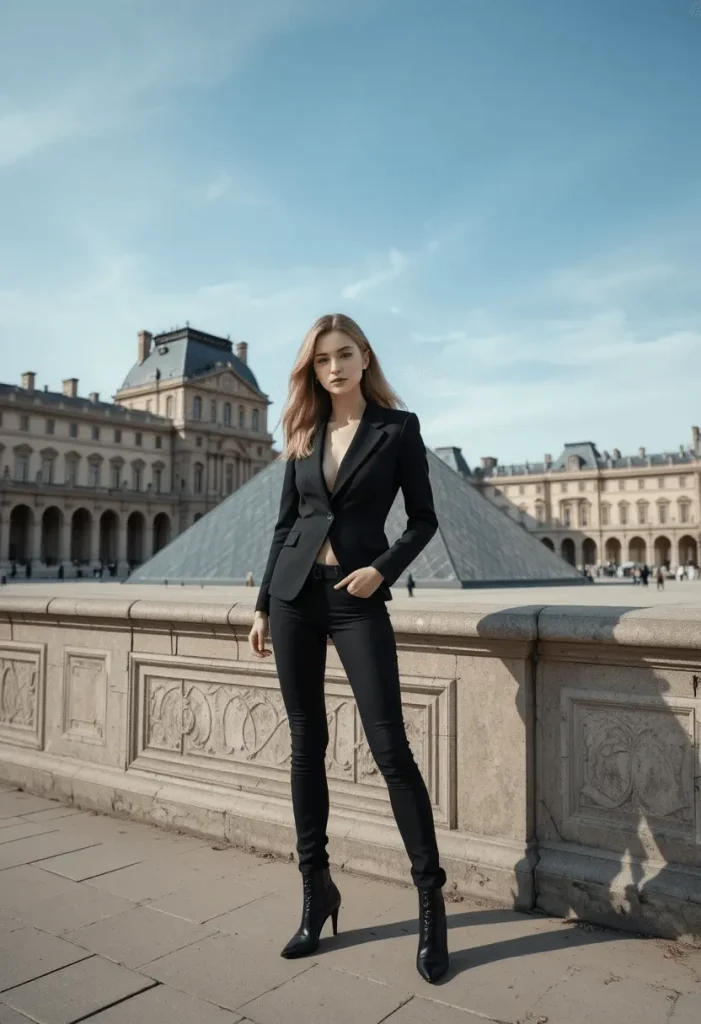 All-black fall outfit with blazer, jeans, and ankle boots, sleek Parisian fashion.