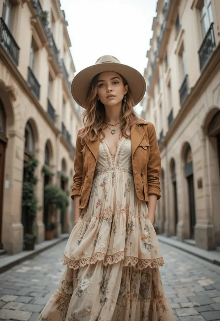Flowing printed dress and suede jacket, bohemian French fall outfit.