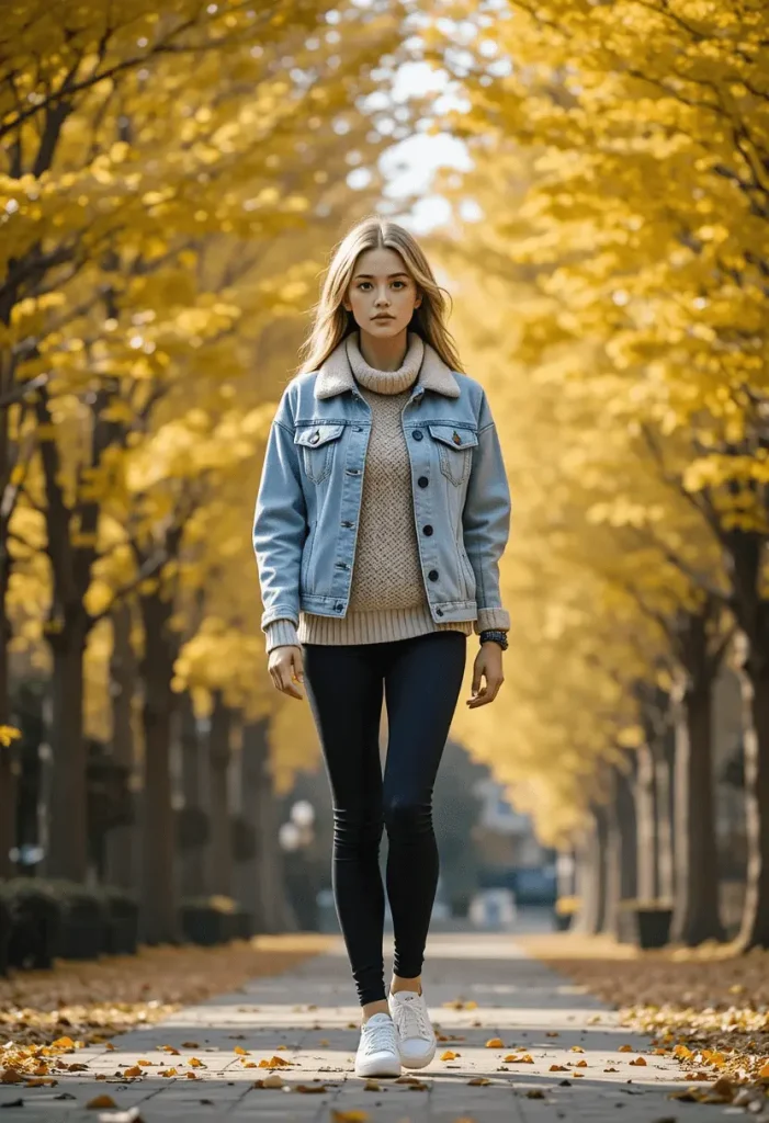 Modern woman in light denim jacket and chunky knit sweater