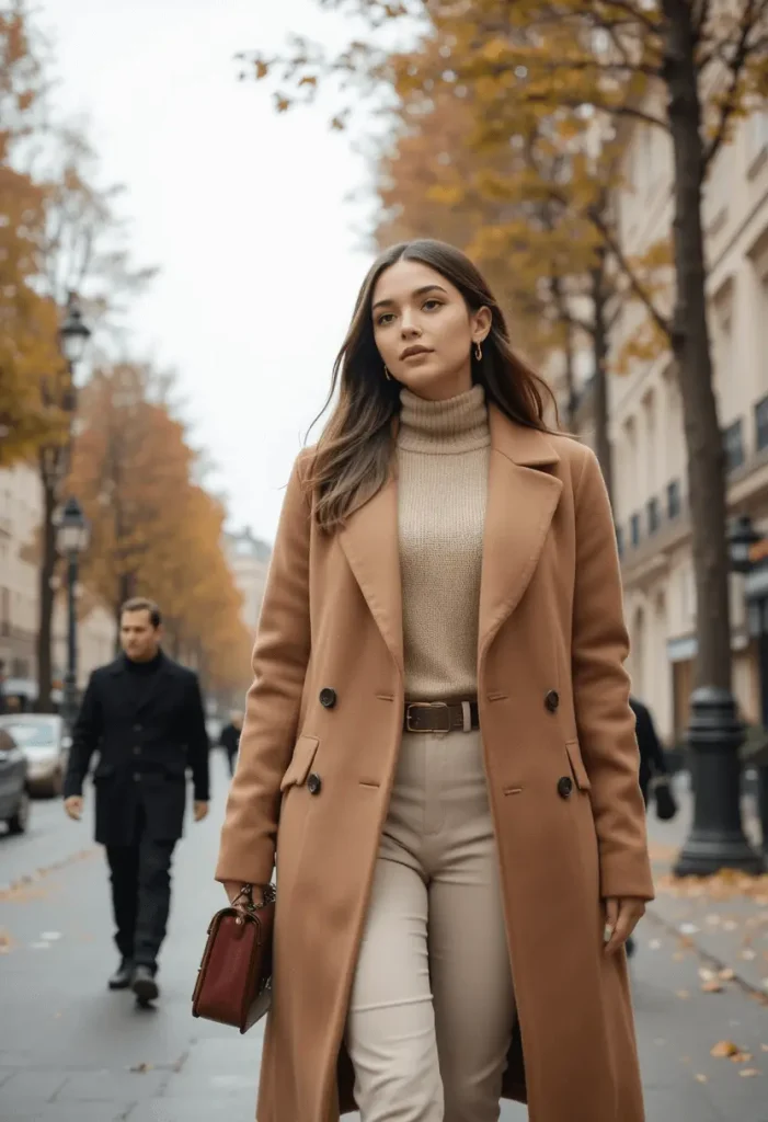 Camel coat layered over beige sweater and cream pants, elegant fall Paris outfit.