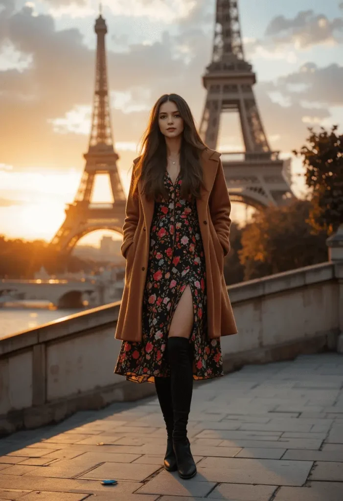 Long-sleeve floral midi dress with boots, romantic French fall fashion.