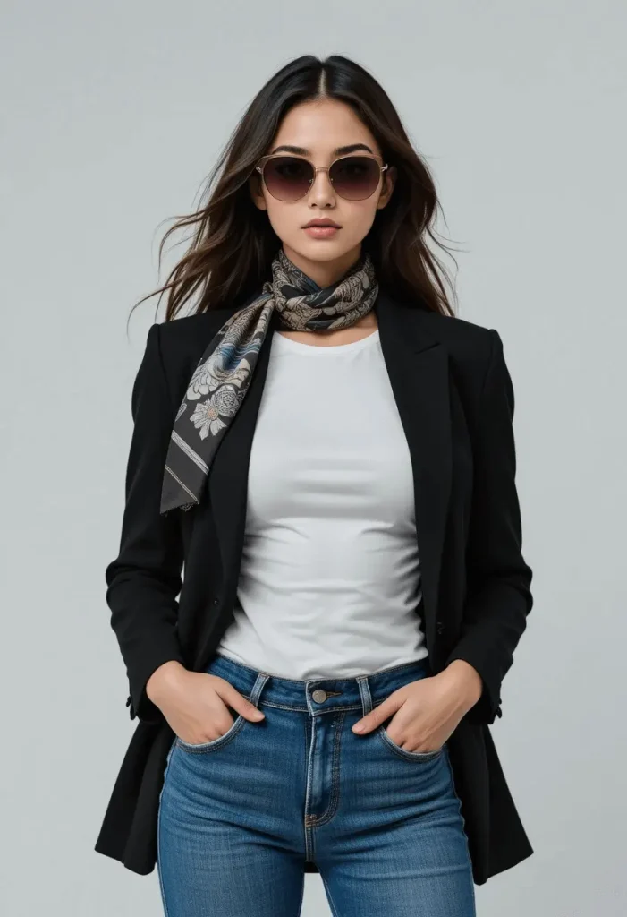 Classic black blazer with jeans and silk scarf, Parisian street fashion look.