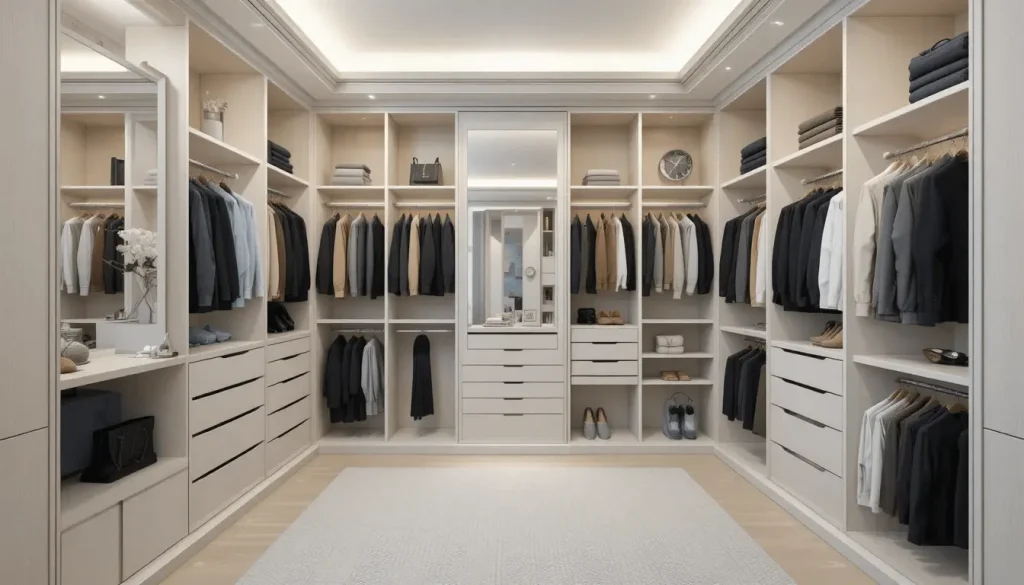 Shared his and hers closet with dual wardrobes