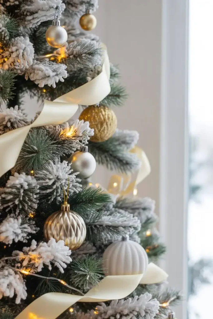Snow-flocked Christmas tree with gold accents