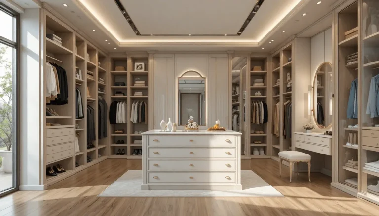 Modern dressing room with glass wardrobes
