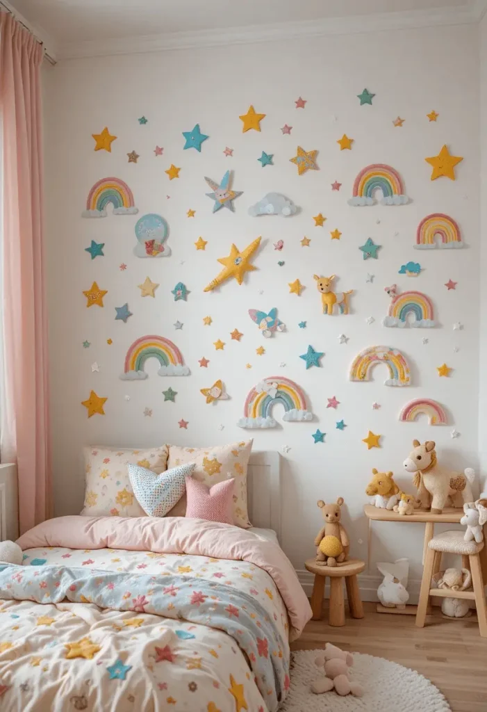 Kids’ woodland bedroom with forest wallpaper and plush toys