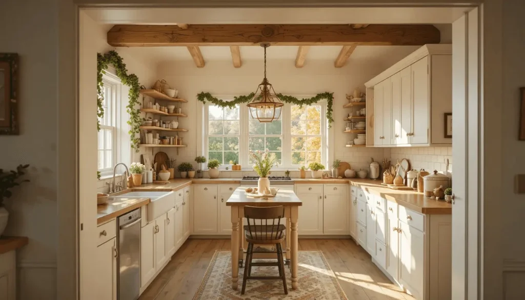 Farmhouse kitchen with wood beams and garland over window