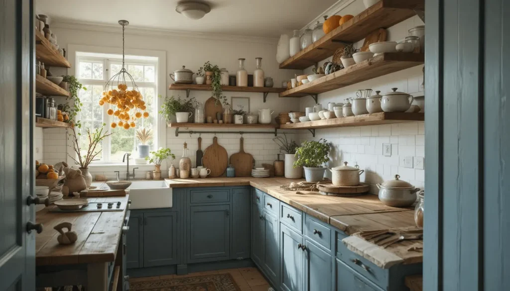 Cottage kitchen with wooden shelves and dried oranges