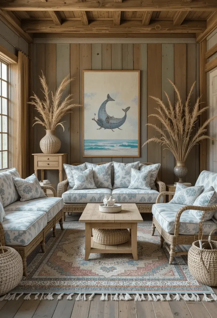 Rustic coastal interior with wood furniture and woven baskets