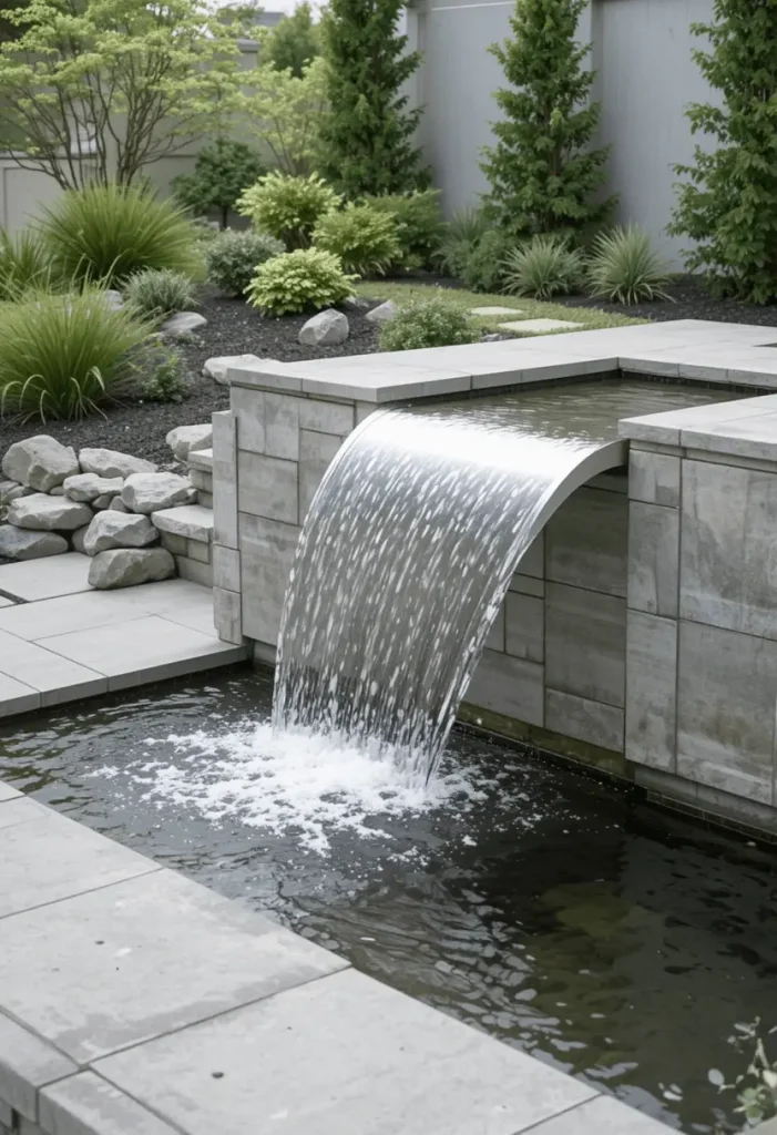 Small waterfall integrated into raised garden bed with stones