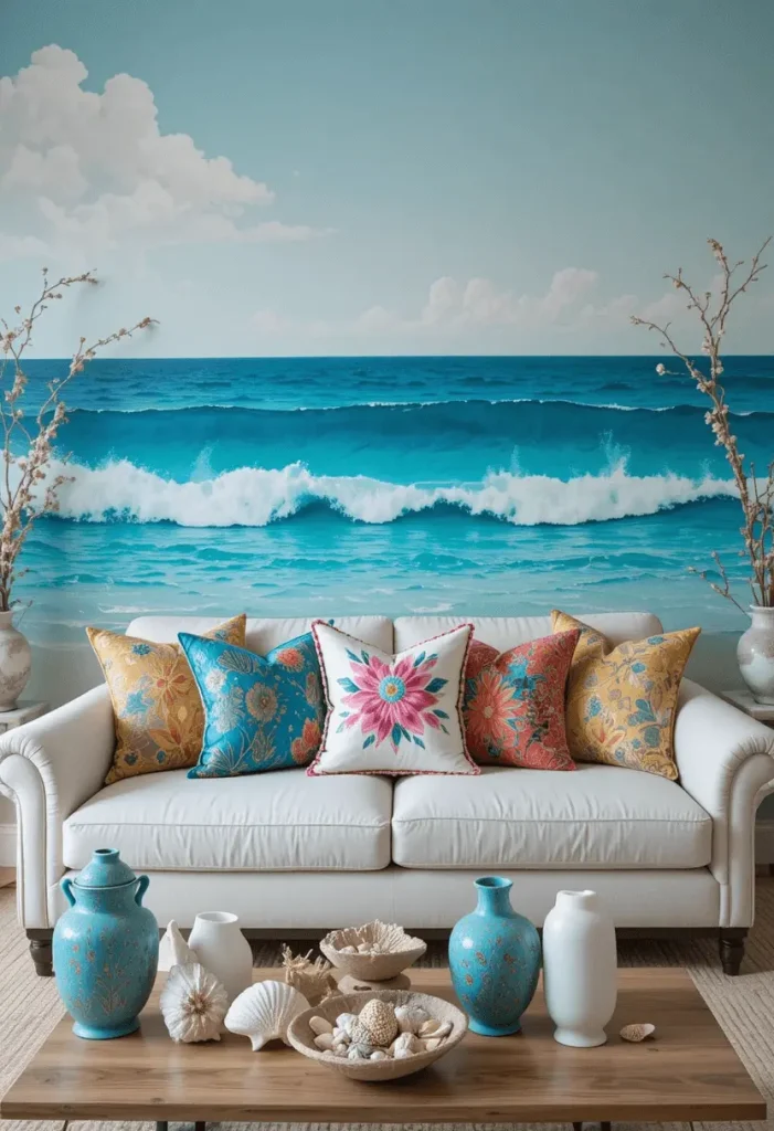 Artistic coastal living room with ocean mural and abstract art