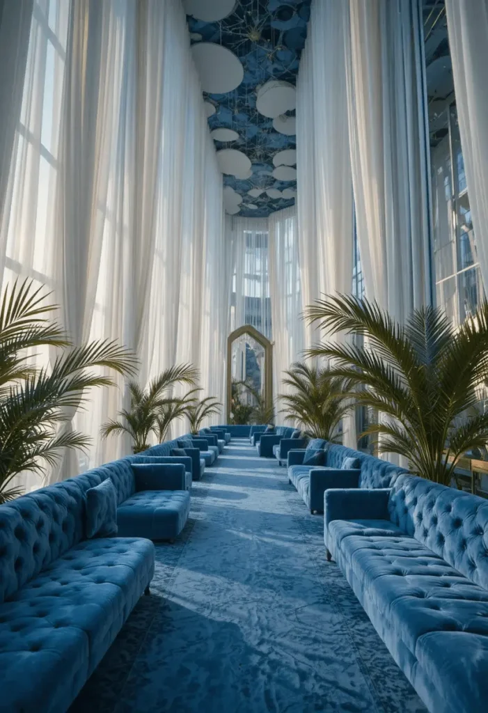 Luxury coastal villa with velvet seating and palm décor