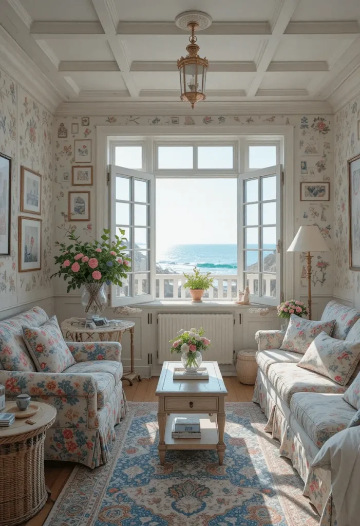 Seaside cottage living room with pastel tones and floral prints