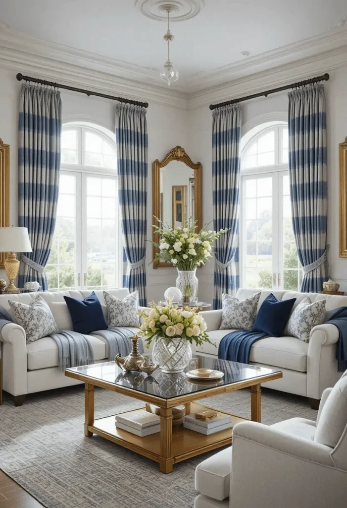 Hamptons coastal home with navy details and gold mirrors