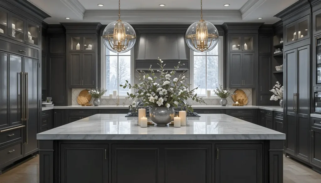 Modern luxury kitchen island with eucalyptus decor