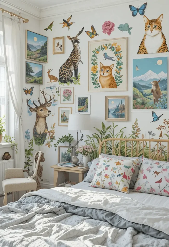 Vintage kids’ room with floral wallpaper and antique toys