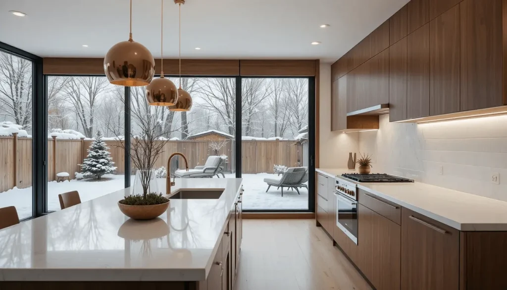 Mid-century walnut kitchen with copper and evergreen touches
