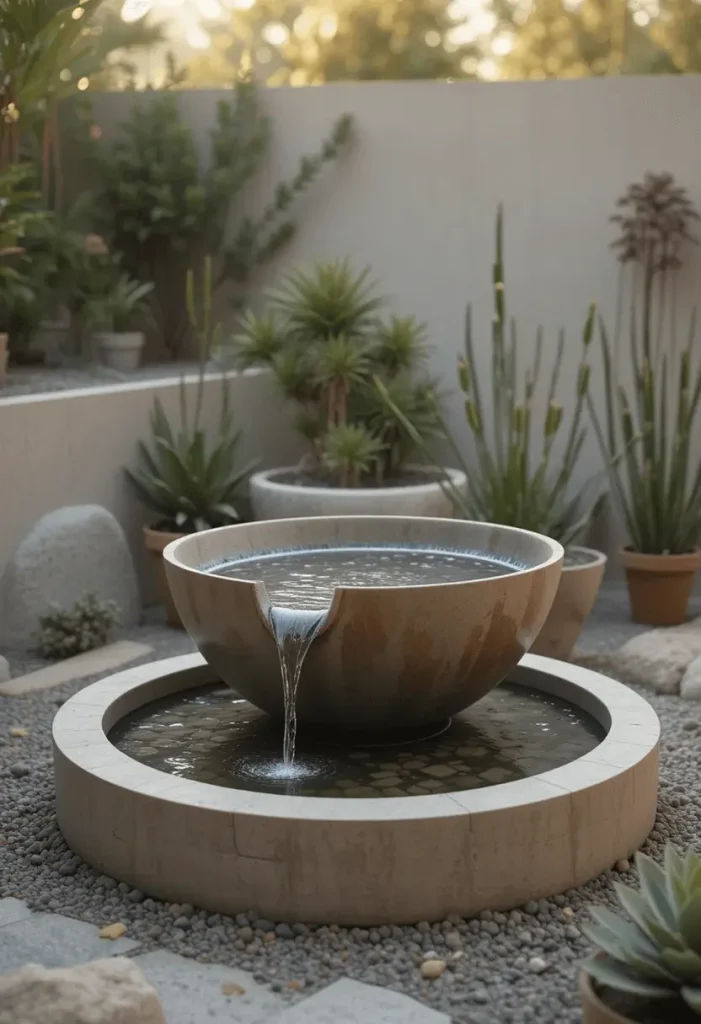 Mini waterfall flowing over stacked river rocks into a tiny garden pool
