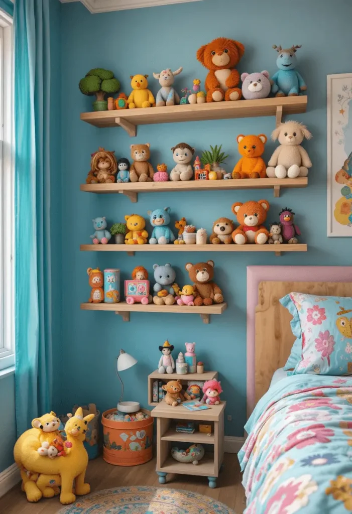 Coastal kids’ bedroom with striped bedding and seashell décor