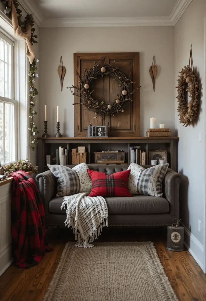 Rustic apartment with plaid throws and wooden holiday decorations