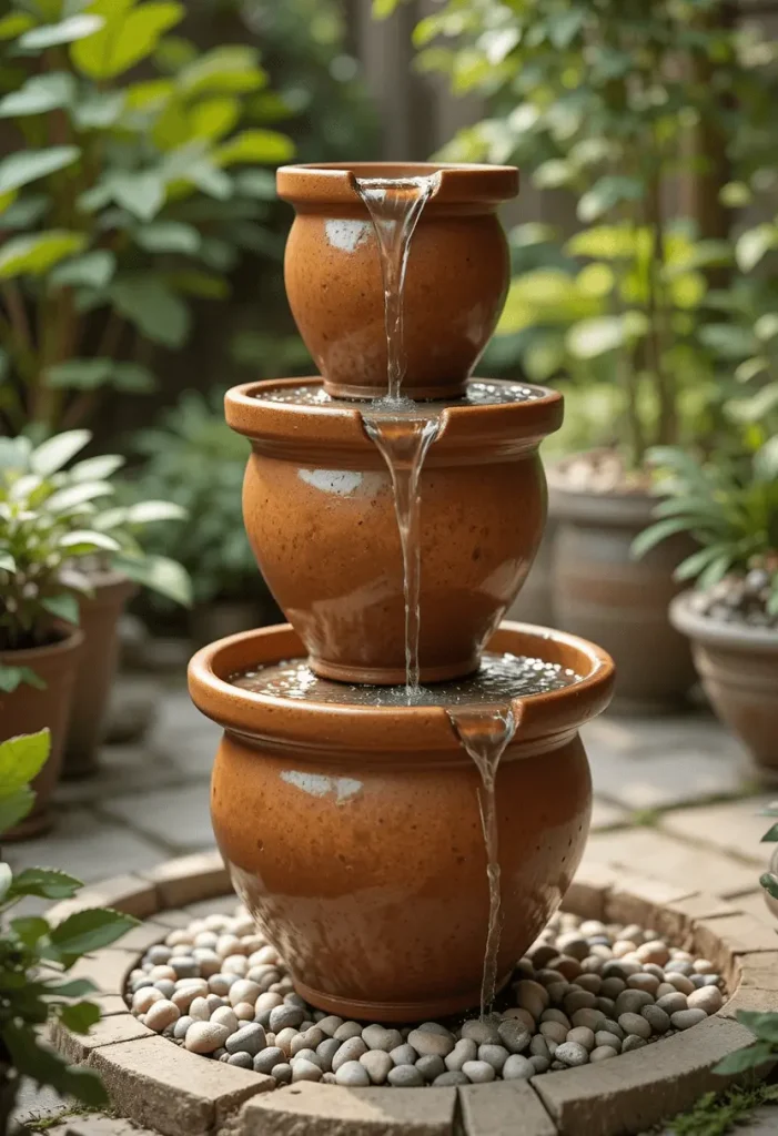 Compact garden corner waterfall with tropical plants and soft lighting