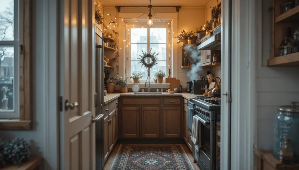 Boho small kitchen with fairy lights and wooden decor
