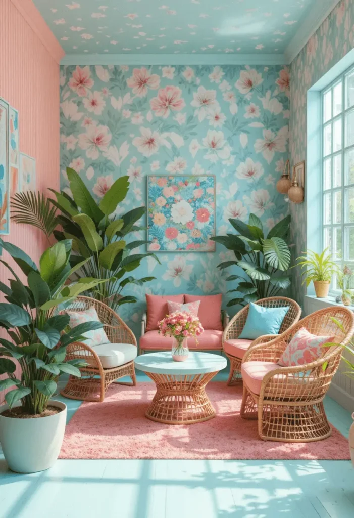 Palm Springs pastel coastal living room with rattan seating