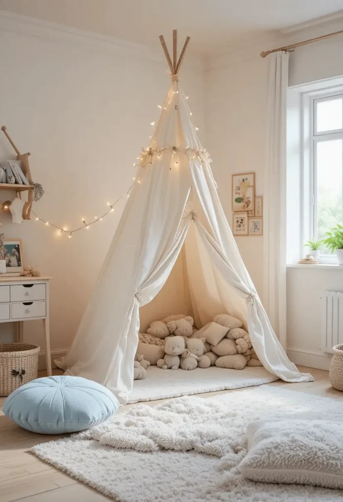 Minimalist kids’ bedroom with beige bedding and wood furniture