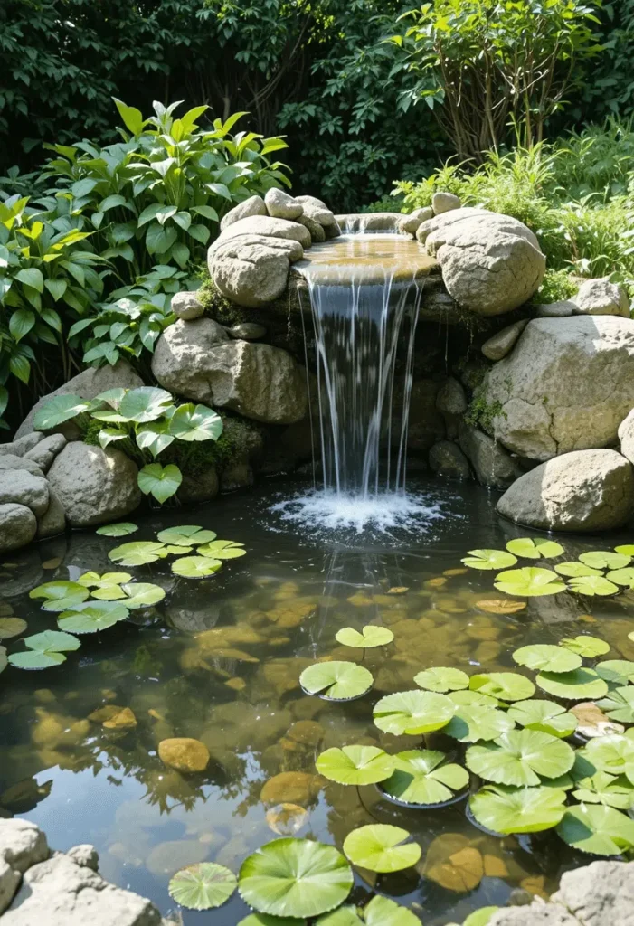 Rustic garden waterfall cascading over wood and rock elements