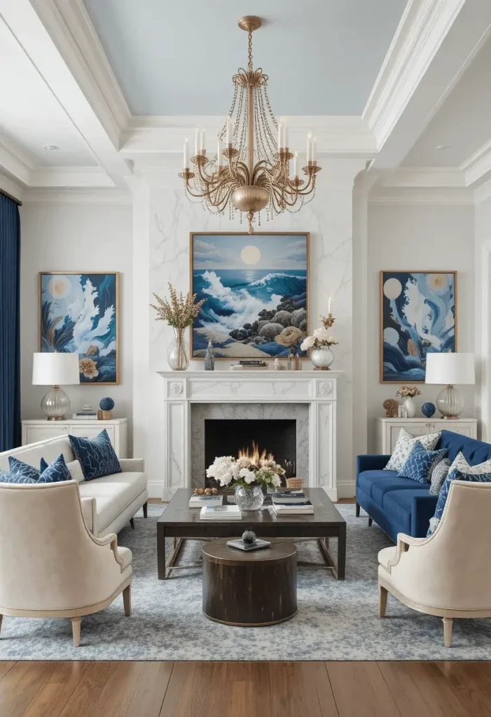 Grand coastal estate living room with marble fireplace