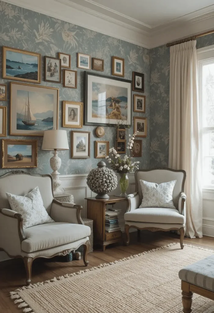 Eclectic coastal living room with mixed patterns and shell décor