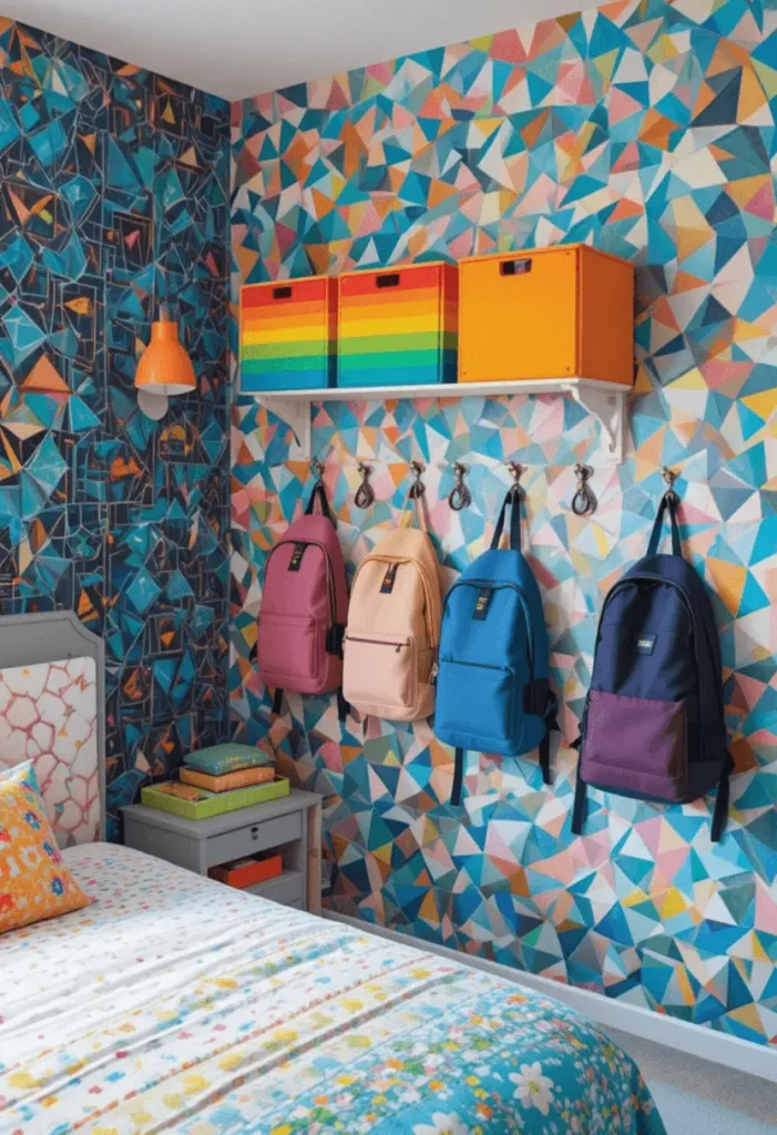 Boho rainbow kids’ room with macramé and woven baskets