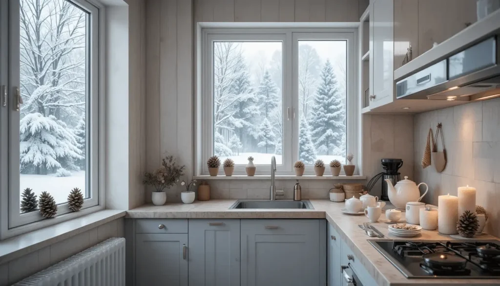 Compact gray and blush apartment kitchen with candles