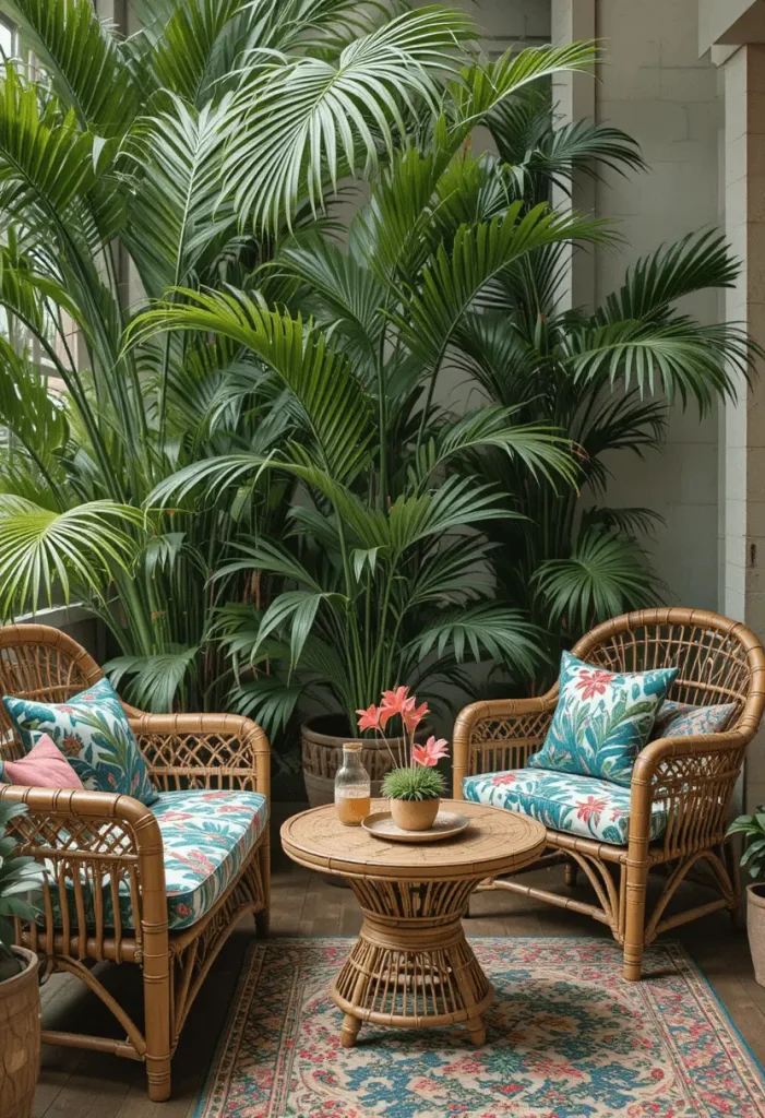 Tropical coastal living room with palm plants and coral accents