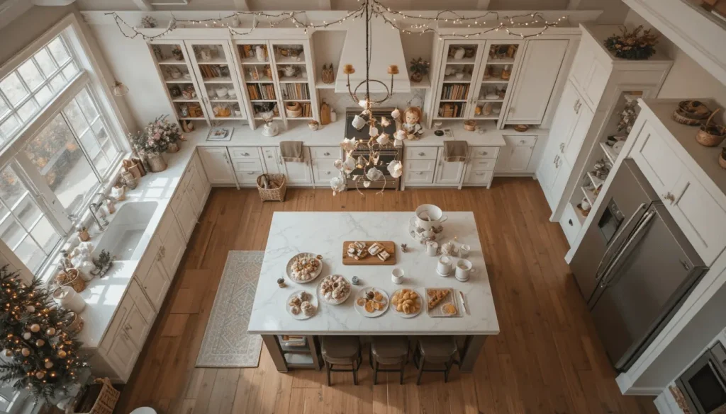 Family kitchen with cocoa mugs and winter pastries