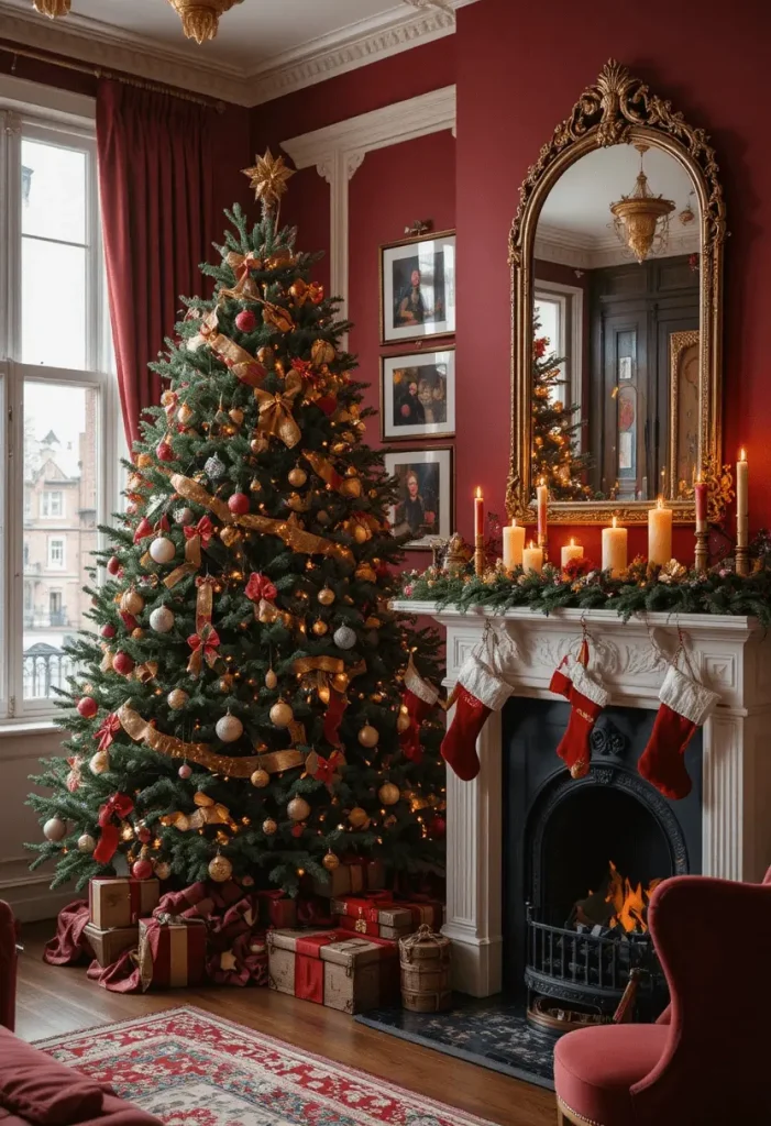 Traditional red and gold Christmas living room with tree and candles