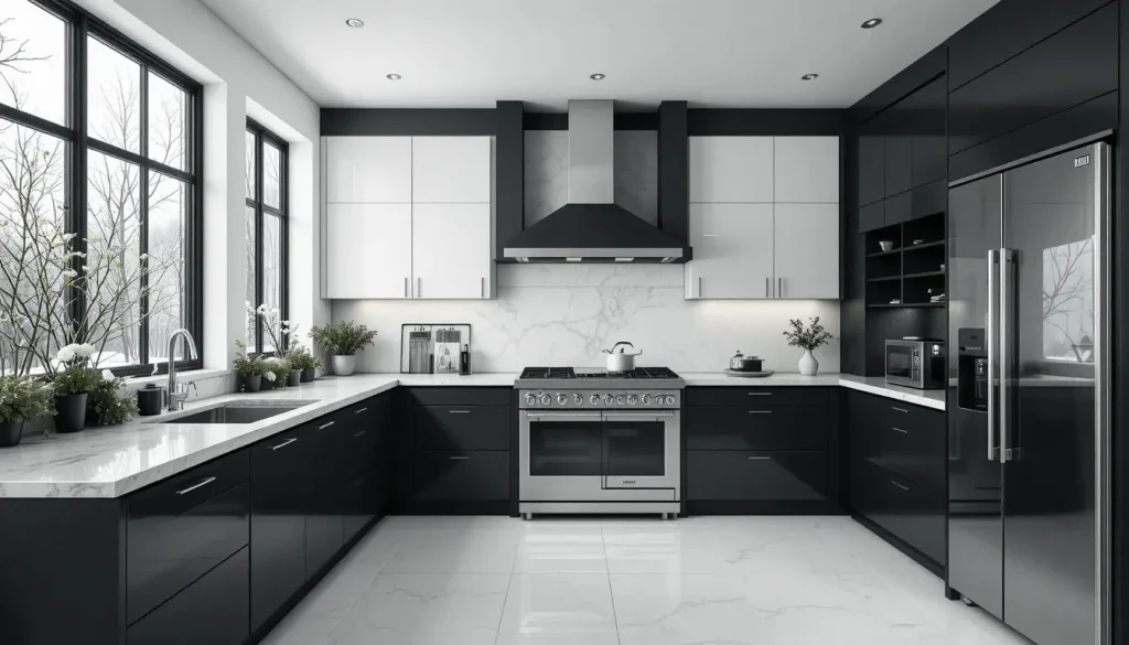Monochrome black and white modern kitchen with greenery