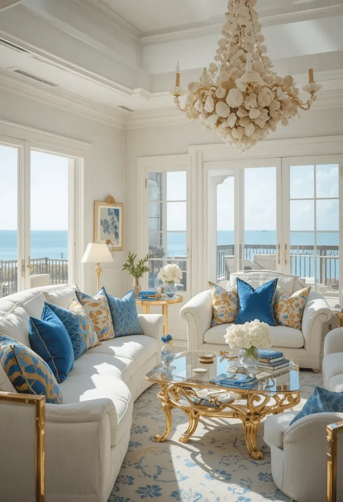 Coastal glam lounge with ivory sofa and gold accents