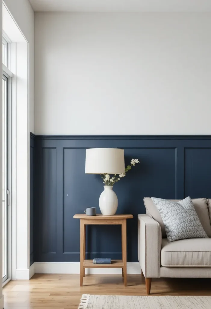 Navy Paneling with Light Oak Accents