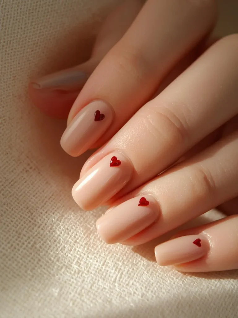 Nude Nails with Tiny Heart Accents
