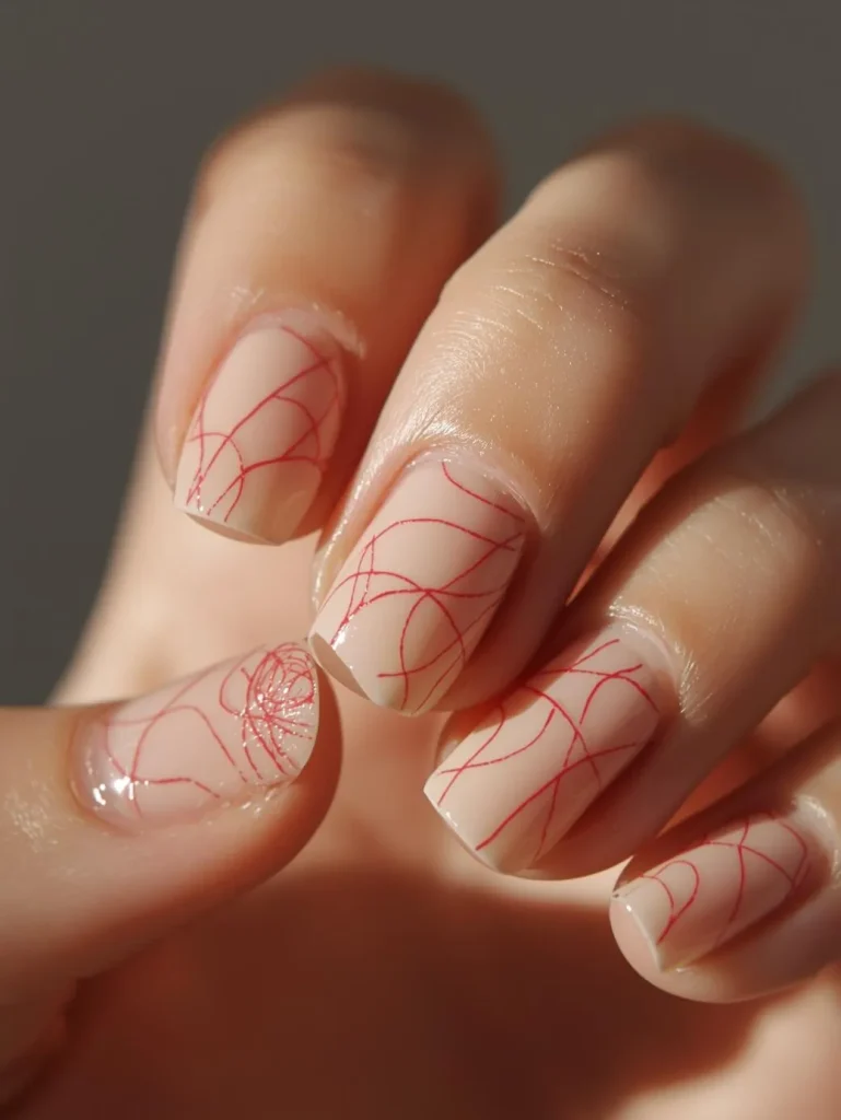 Minimal Red Line Art Nails
