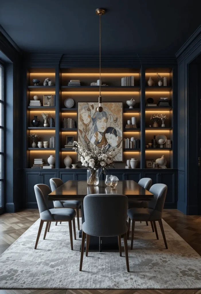 Moody Dining Room with Built-In Shelving