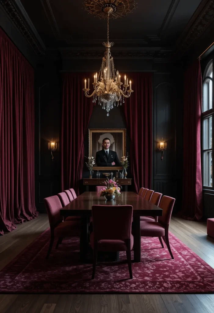 Moody Dining Room with Dramatic Curtains