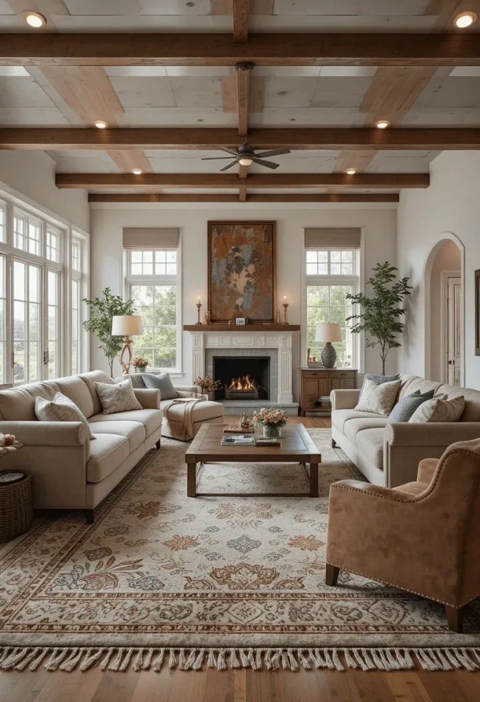 Cozy Open Concept Living Room with Large Area Rug