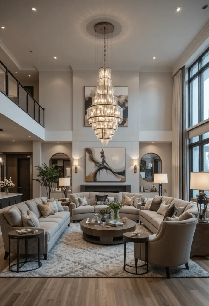 Open Concept Living Room with Statement Lighting