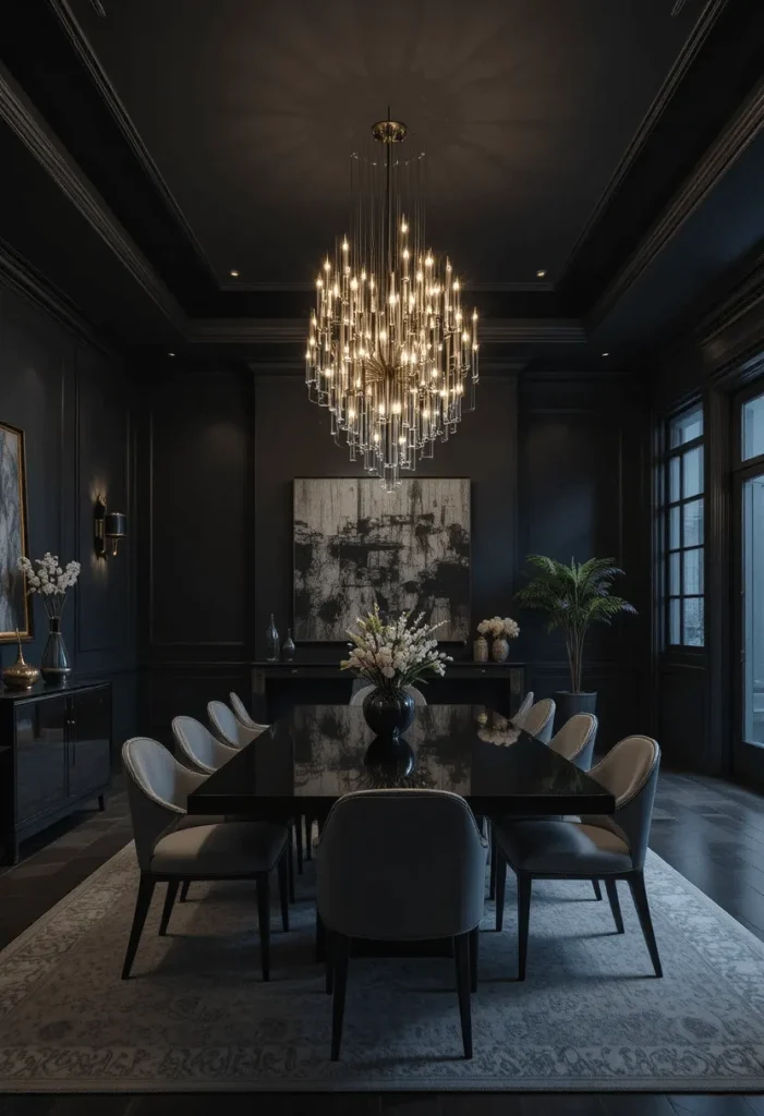 Moody Dining Room with Statement Chandelier