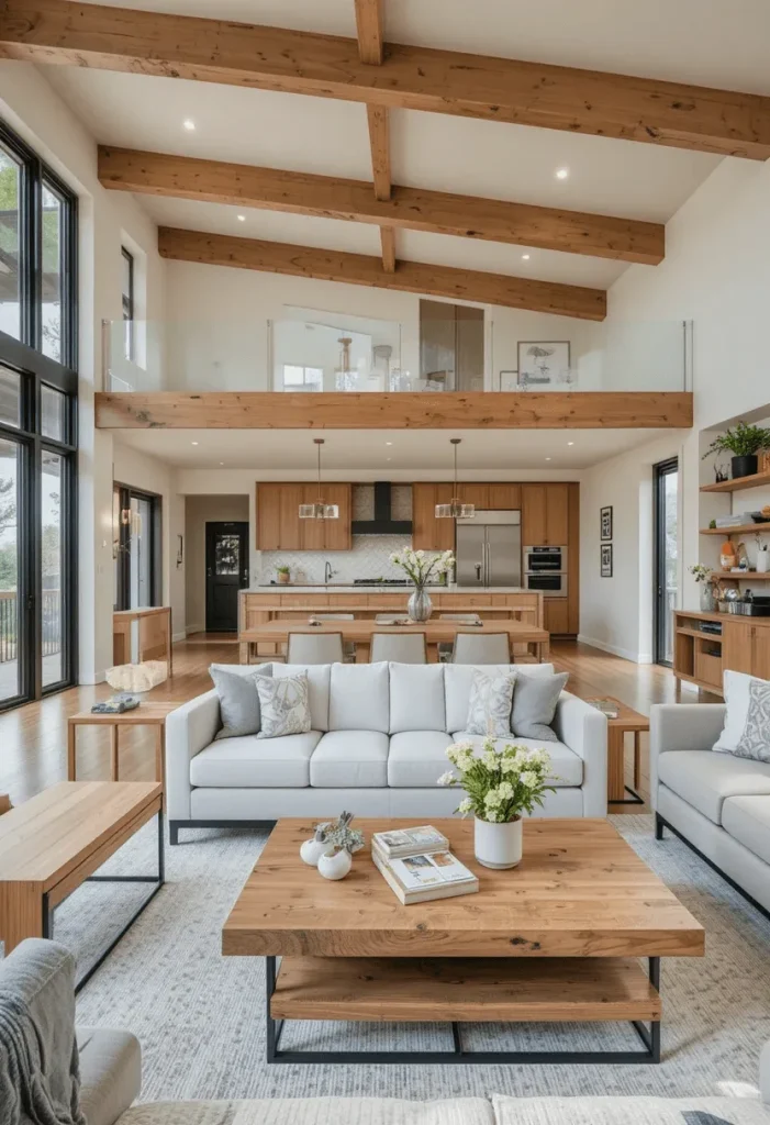 Open Concept Living Room with Wood Accents
