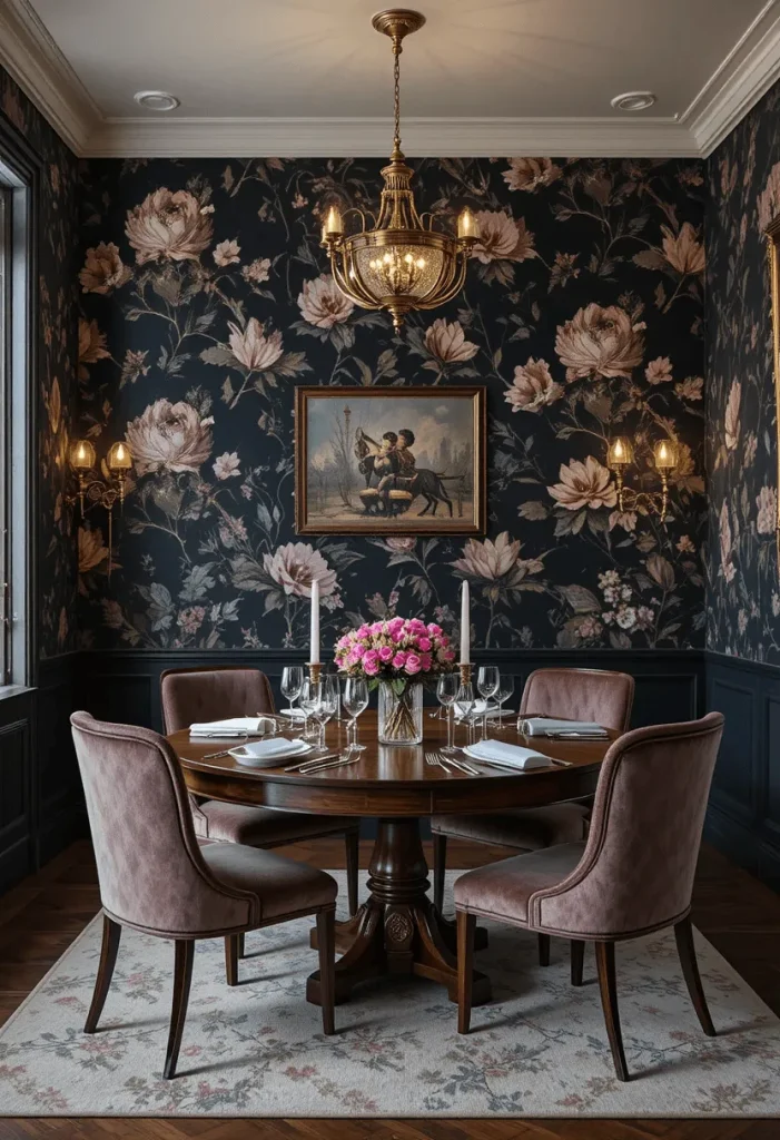 Dark Floral Wallpaper Dining Room